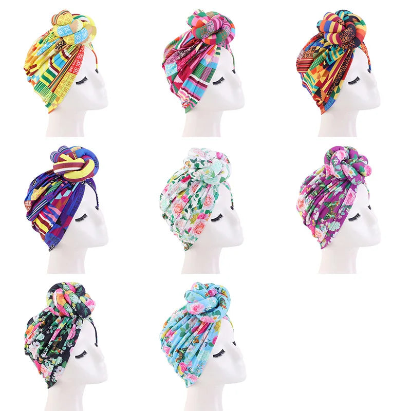 African Print Turban for Women New Fashion Pre-Made Top Knot Head Wraps Flower Stretch Hijab Ladies Party Wedding Headdress