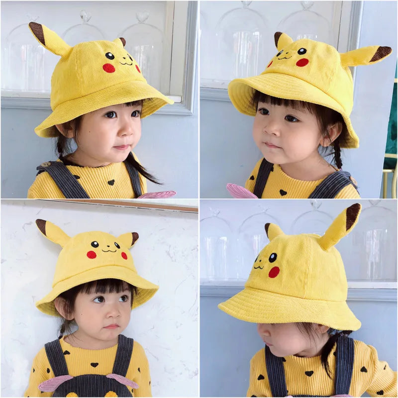 Anime Pika Bucket Hat Sun Hat with Ear Cute Cartoon Wide Brim Fisherman Beach Outdoor Baseball Hat Cap for Adult Kids Child
