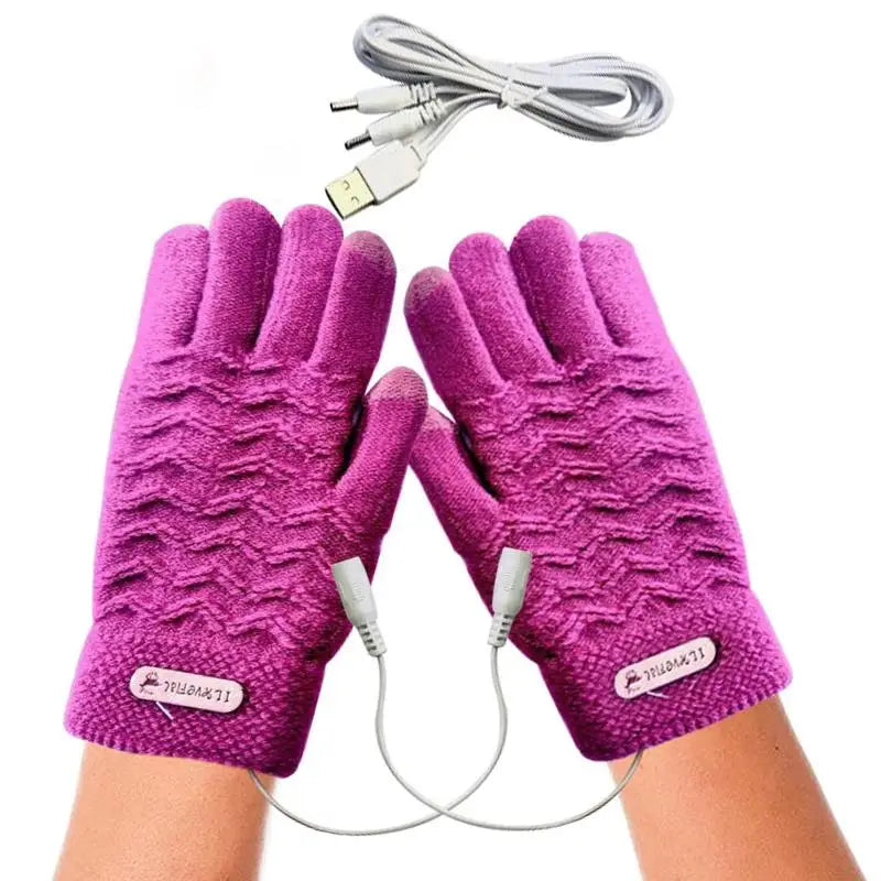 1 Pair Heated Knitting Full Finger Mittens Windproof USB Electric Heating Gloves Portable Constant Temperature Hand Warmer