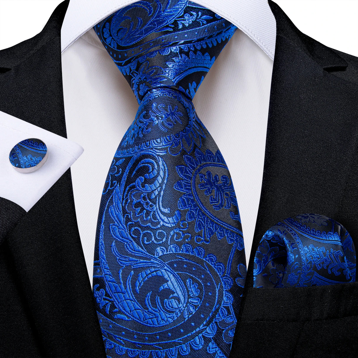 Elegant Blue Floral Paisley Men's 8cm Silk Tie Set with Pocket Square Cufflinks Business Suits Accessories Groom Wedding Cravat