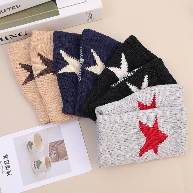 Autumn Winter Knitted Woolen Gloves Ins Fashion Y2K Men's Women's Half Finger Warm Five Pointed Star Fingerless Gloves Unisex