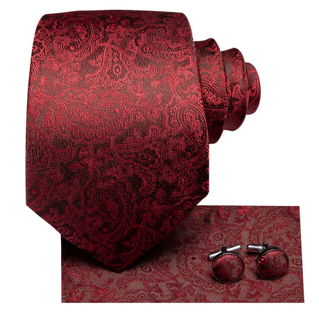 Hi-Tie Men Fashion Necktie Burgundy Paisley Handkerchief Cufflinks for Tuxedo Accessory Classic Silk Luxury Gift Tie for Men