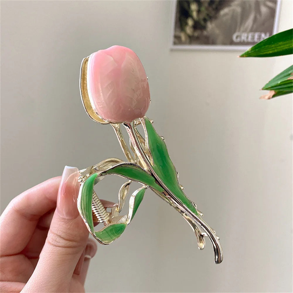 New Tulip Hair Claw Flower grace Shark Clip Headdress Vintage Ponytail Claw Clip Trendy sweet HAIR CLIP FOR GIRL Hair Jewelry