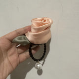 Women Elegant Silk Rose Flower Pearl Elastics Hair Band Beatiful Scrunchies Hair Ties Ladies Ponytail Holder Hair Accessories