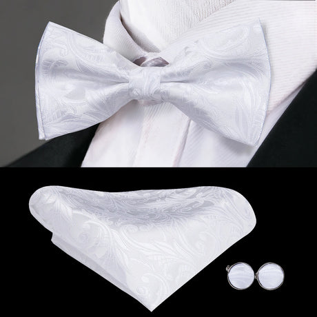 Hi-Tie Black White Silver Grey Brown Silk Mens Bow Tie Hankerchief Cufflinks Set Pre-tied Butterfly Knot Adjustable Bowtie Male