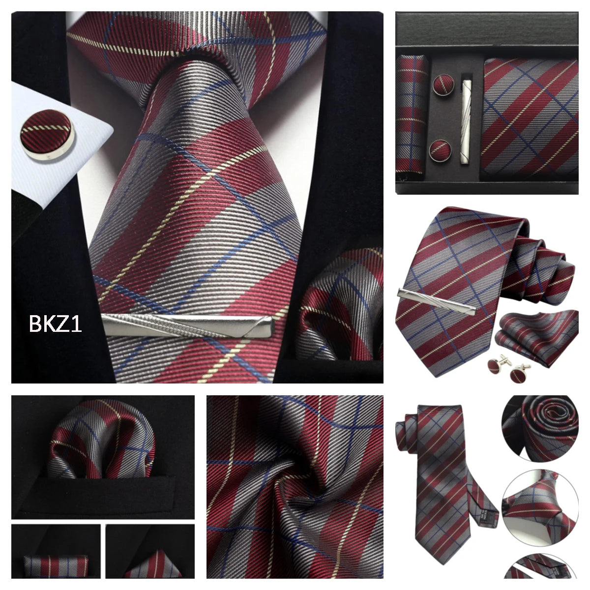 Classic 100% Silk Men's Ties In Gift box 8cm Plaid Dot Striped Business Necktie Handkerchief Cufflinks Wedding Party Tie Set