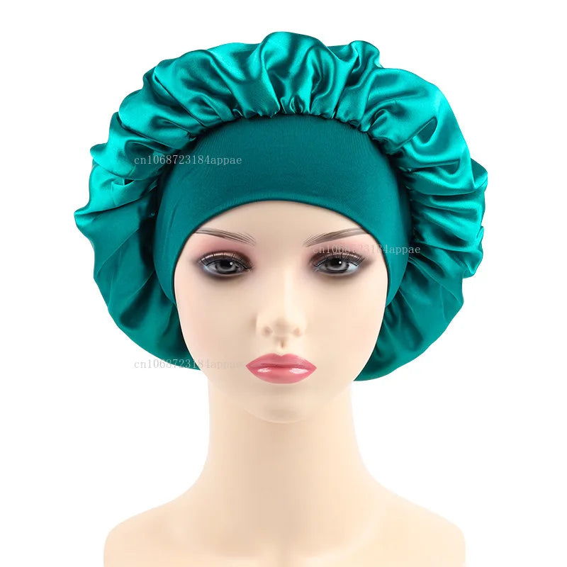 Women's Satin Solid Elastic Wide-brimmed Sleeping Hat Unisex Head Wrap Elastic Band Cap Hair Care Bonnet Night Hat bonnet