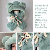 Plush Integrated Cap Scarf Winter Windproof Warm Beanie Hat Scarf Casual Thickening Ear Protection Cap Women