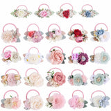 Handmade Flower Elastics Hair Ties For Kids Girls Stretchy Rubber Hairband Slim Headband Scrunchies Ponytail Holder Ring Loop