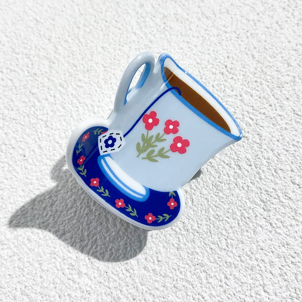 Sweet Cute Plastic Pastoral Flower Print Cup Shark Hairpin For Women Girls New Cute Vase Shape Hair Clip Claw Accessories