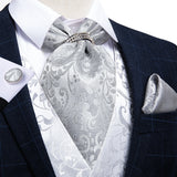 Luxury Silver Paisley Men Ascot Tie Wedding Formal Cravat Ascot Scrunch Self British Neck Tie Set Pocket Square Cufflink DiBanGu