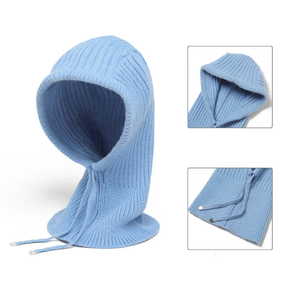 Winter 2-in-1 Scarf Hat Warm Knitted Outdoor Riding Scarf Woolen Balaclava Ear Protection Solid Colour Scarf with Drawstring