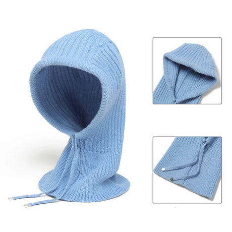 Winter 2-in-1 Scarf Hat Warm Knitted Outdoor Riding Scarf Woolen Balaclava Ear Protection Solid Colour Scarf with Drawstring