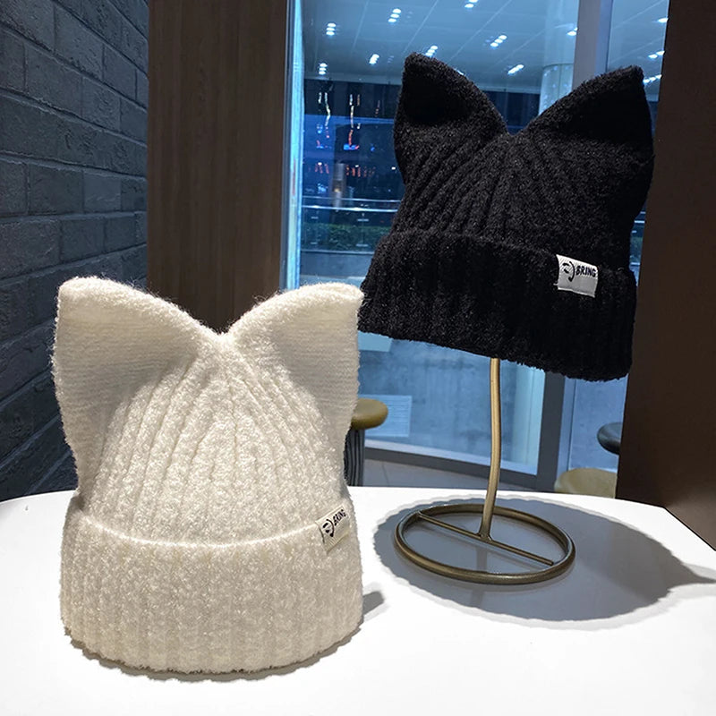 Cute Cat Ears Beanies For Women Autumn And Winter Warm Ear Protection Sweet Versatile Pullover Knitted Hats