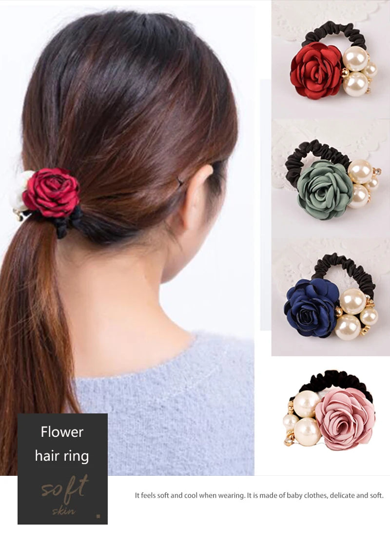 Pearl Rose Flower Hair Elastics Bands Hair Ties Stretchy Rubber Hairbands Floral Headbands Scrunchies Ponytail Holder