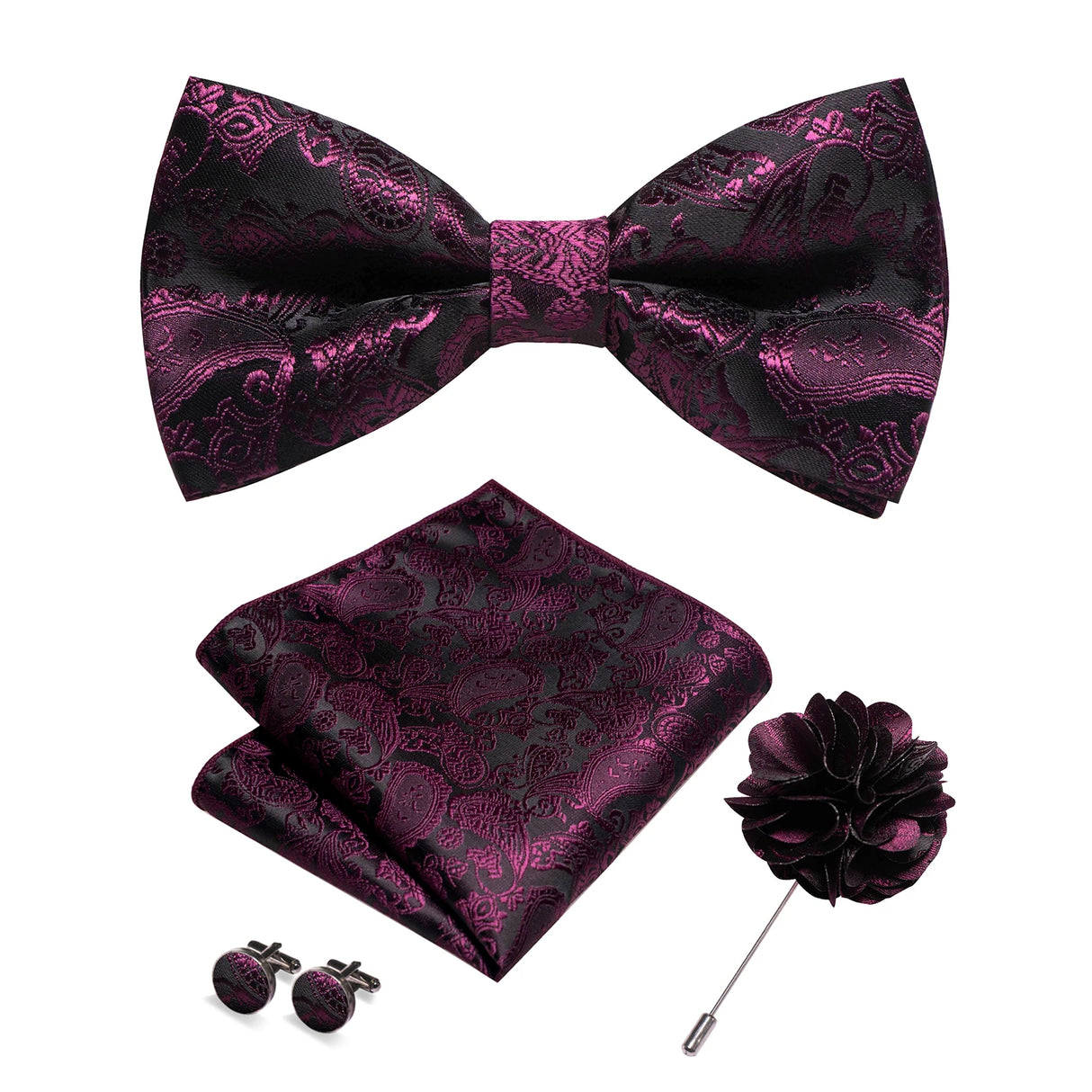 Champagne Silk Jacquard Paisley Mens Bow Tie Brooch Hanky Cufflinks Set Pre-tied Butterfly Knot Bowtie for Male Wedding Business