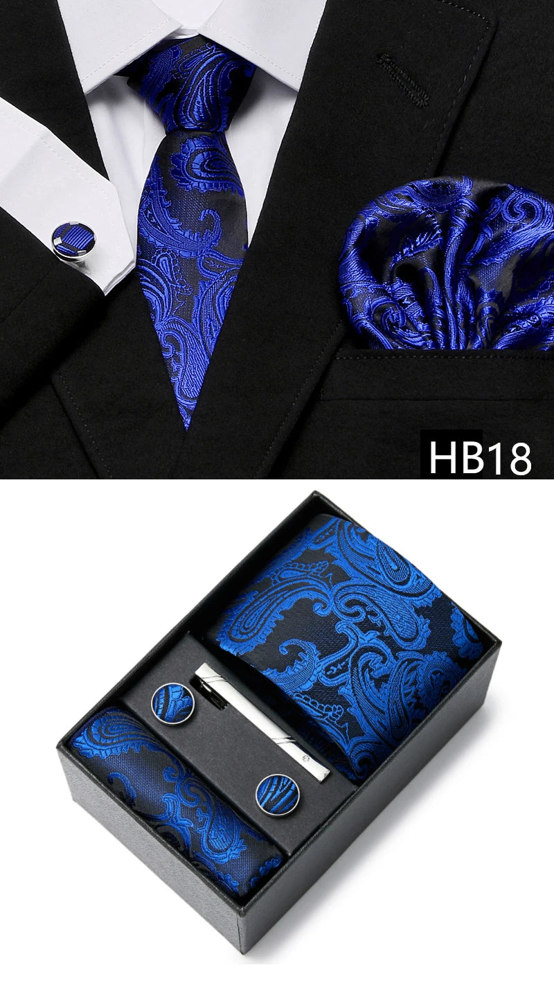 Gravatas For Men Newest design Silk Tie Handkerchief Cufflink Set Necktie Box Striped Blue Office