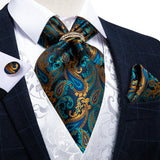 Luxury Silver Paisley Men Ascot Tie Wedding Formal Cravat Ascot Scrunch Self British Neck Tie Set Pocket Square Cufflink DiBanGu