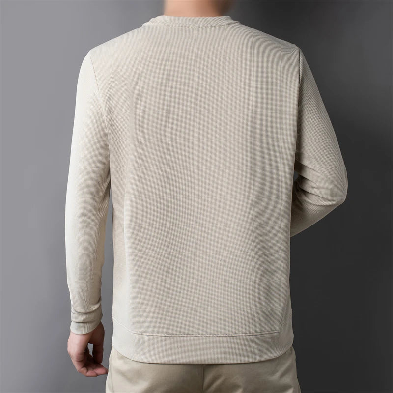 2024 Men's Casual Fashion Long Sleeved Round Neck T-shirt Waffle Comfortable Top
