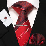 KAMBERFT New Classic Silk Men's Tie Red Gold Striped Men's Tie Handkerchief Cufflinks Set Wedding Business Party Gravatas