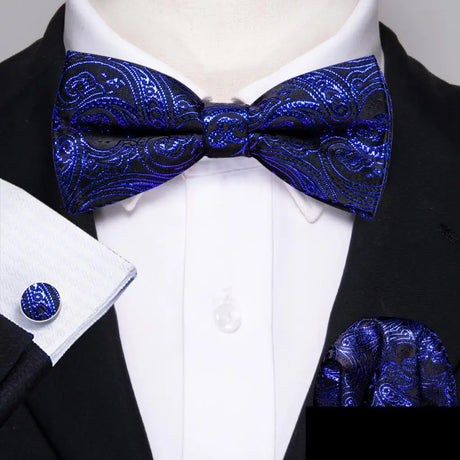 Barry.Wang Navy Royal Sky Blue Silk Mens Bow Tie Jacquard Paisley Floral Pre-Tied Bowtie Hanky Cufflinks Set Wedding Business