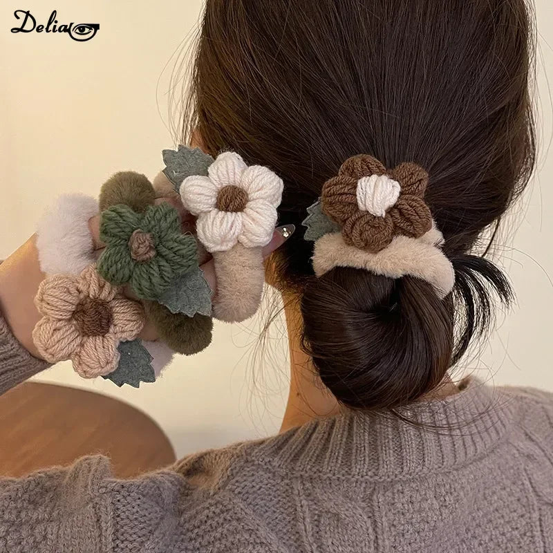 Newest Korean Woman Cute Plush Flower Hairband Elastics Hair Band Scrunchies Hair Ties Ladies Ponytail Hold Hair Accessories