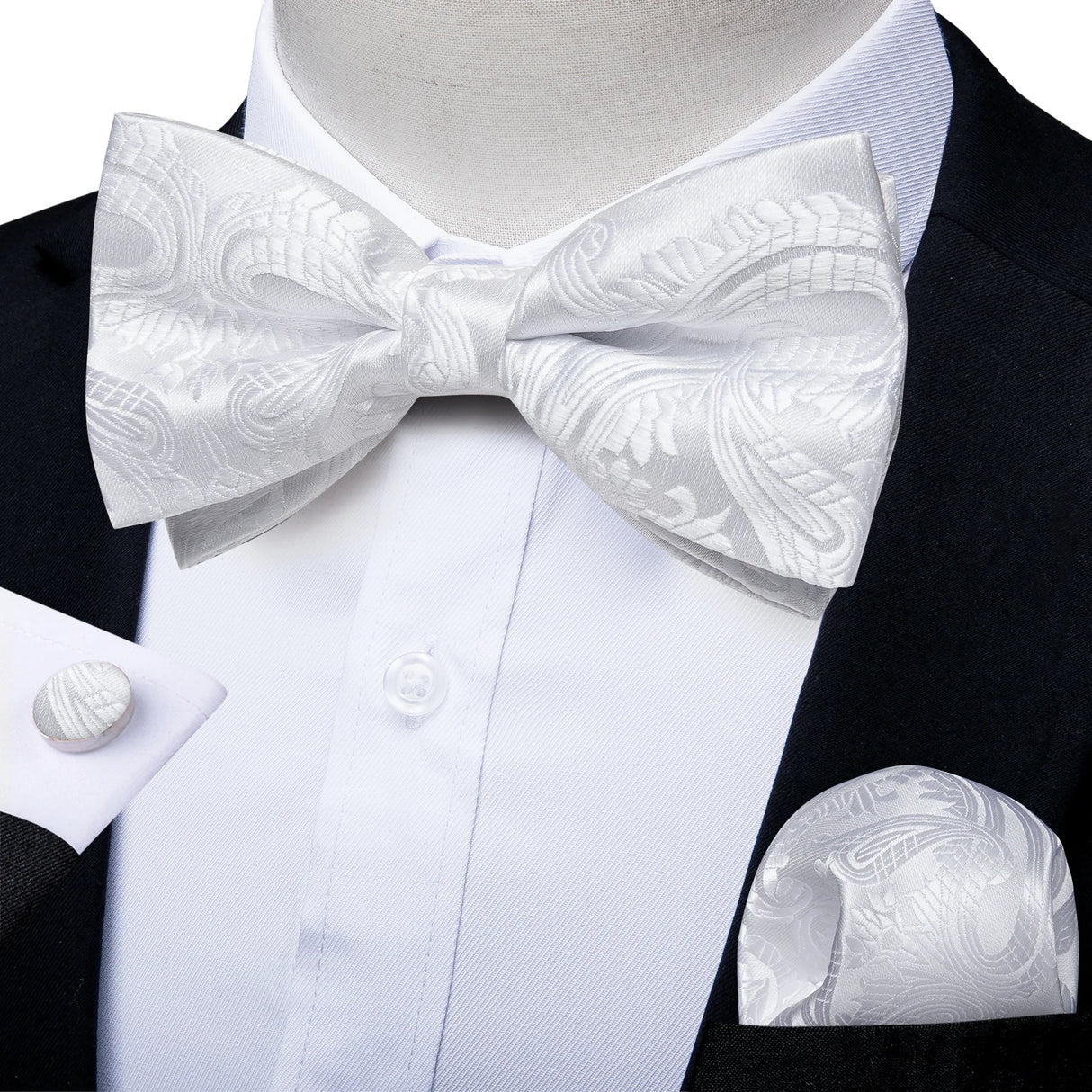 Classic Black Men Bow Ties 100% Silk Bowties Butterfly Pocket Square Cufflinks Set Suit Paisley Gold Pre-Tied Bow Tie DiBanGu
