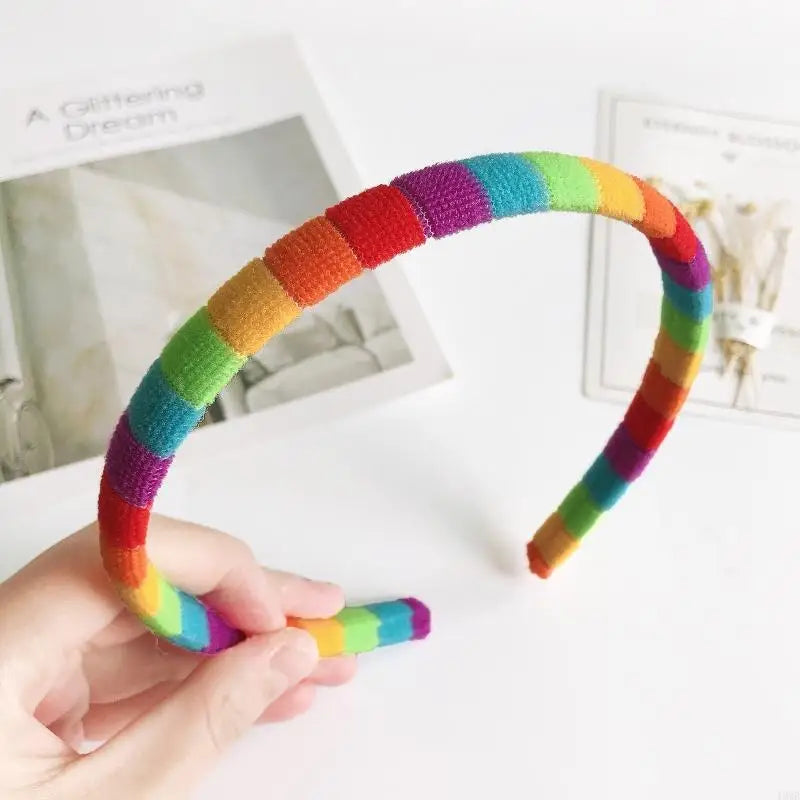 49MB Women Girls Autumn Winter Plush Headband Rainbow Colorful Striped Elastic Hair Hoop Festival Party Wash Face Styling