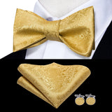 Hi-Tie Silk Mens Self Bow Tie Hanky Cufflinks Set Blue Red Gold Black White Male Jacquard Butterfly Knot Bowtie Wedding Business