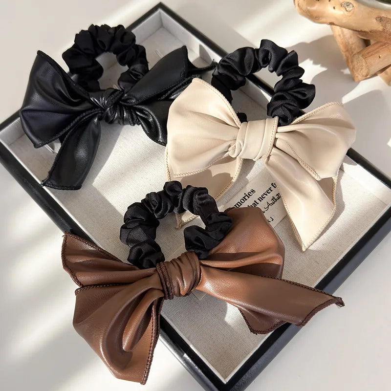 Leather Bow Elastic Hair Bands Fashion Hair Accessories Elastic Headband Scrunchies Ponytail Holder Rubber Bands Hair Rope Ties