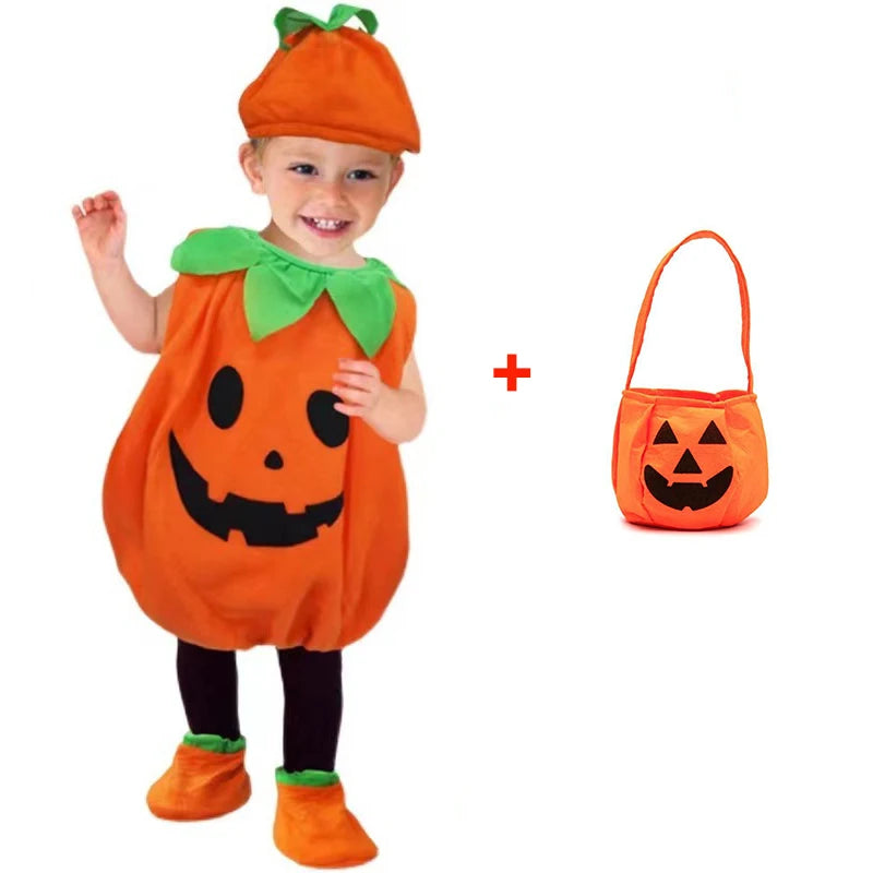 Kids Halloween Party Costume Romper with Hat Shoes Toddler Pumpkin One-Piece Boy Girl Baby Jumpsuit Cosplay Clothing Set 1-10T