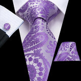 Hi-Tie Purple Lilac Floral Striped Silk Elegant Tie For Men Groom Wedding Men Necktie Pocket Square Cufflink Accessory Wholesale