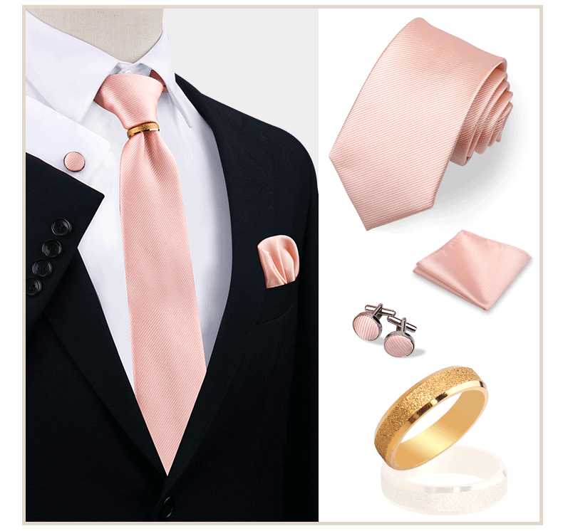 Luxury Solid Silk Ties Set For Men Necktie Handkerchief Cufflinks With Gold Metal Ring Brooch Suit Wedding Party Men Accessories