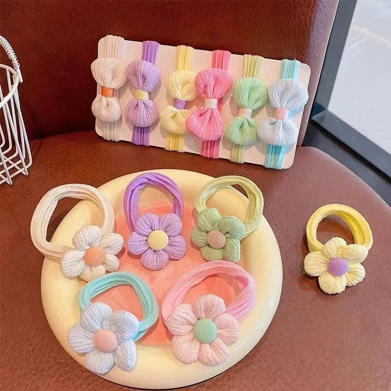 New 6Pcs/Set Children Headbands Flower Hair Ring Sweet Cute Ponytail Hair Band Little Girl Braided Towel Ring Hair Accessories