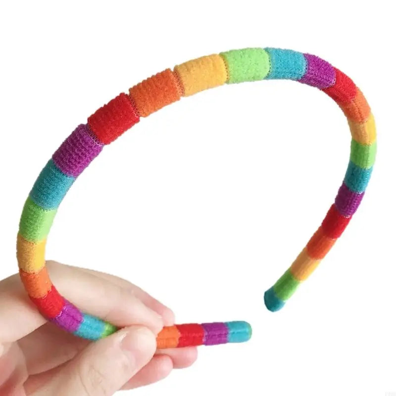 49MB Women Girls Autumn Winter Plush Headband Rainbow Colorful Striped Elastic Hair Hoop Festival Party Wash Face Styling