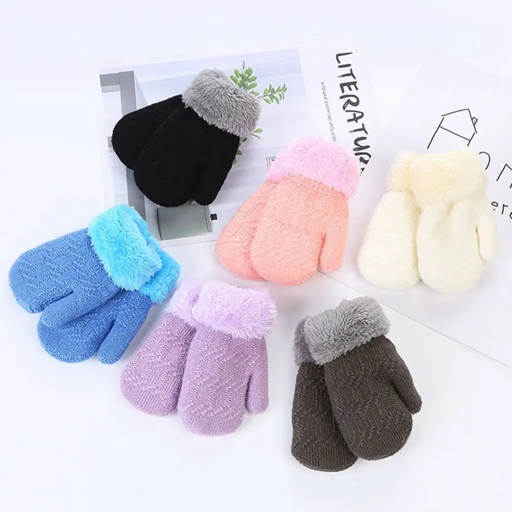 Winter Wool Knitted Gloves for Baby Boys Girls Warm Plush Thick Full Finger Mittens Gloves For 1 -3 Years Old Children Kids