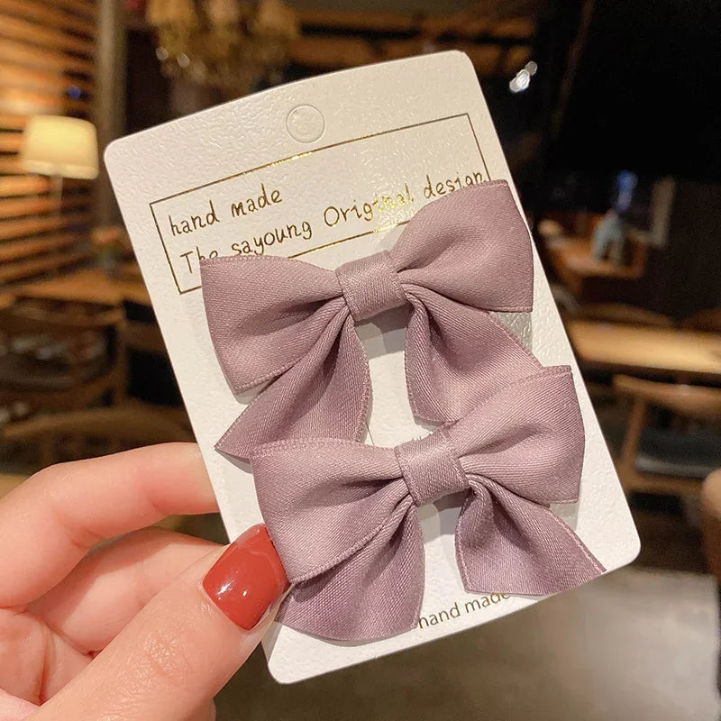 1Pair Cute Girls Hairgrips Hairpins Hair Clips Solid Color Ribbon Bow-knot Handmade Bows Barrettes Hair Accessories