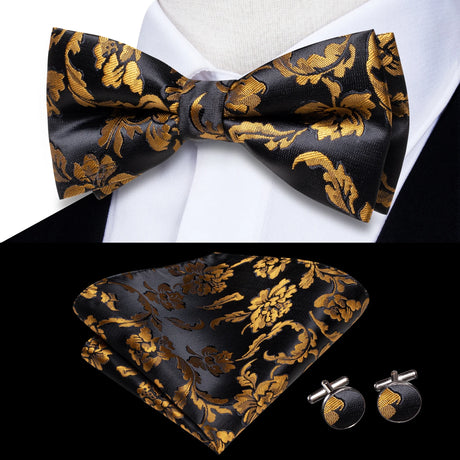 Hi-Tie Black White Silver Grey Brown Silk Mens Bow Tie Hankerchief Cufflinks Set Pre-tied Butterfly Knot Adjustable Bowtie Male