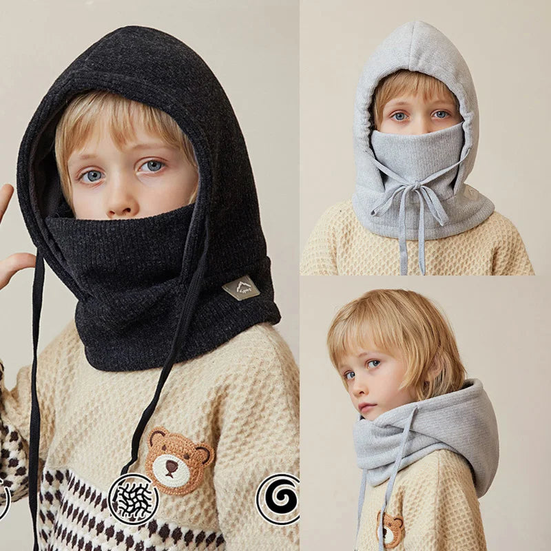 Children Winter Hat Scarf Mask One-piece Ears Neck Warmer Kids Bonnet Hats for Skiing Fleece Lining Child Girls Boys Cap 4-10Y