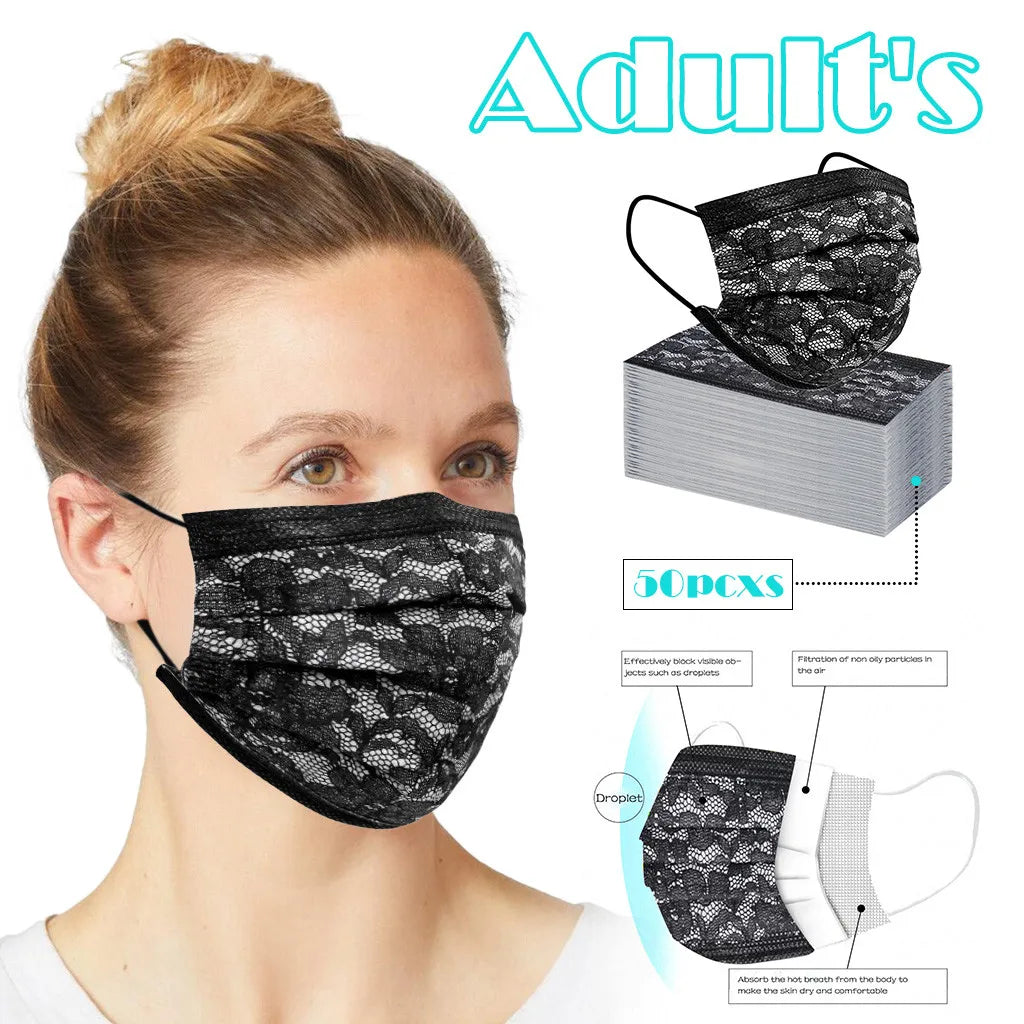 50pcs Mask Adult Net Yarn Flowers Four-Layer Disposable Protective Printing Mask Mouth Face Mask Breathable Earloops