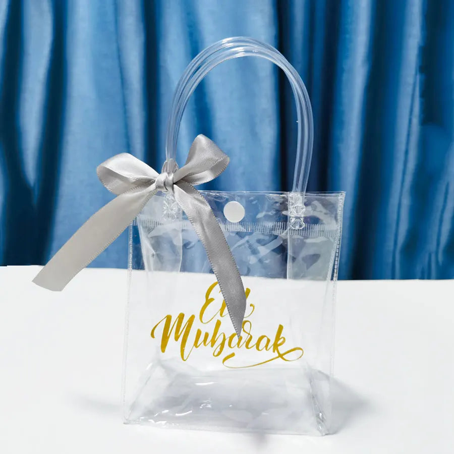 10Pcs Eid Mubarak Clear Gift Bags with Handle Ribbons Reusable Transparent PVC Bag for Islamic Muslim Party Favor Decorations