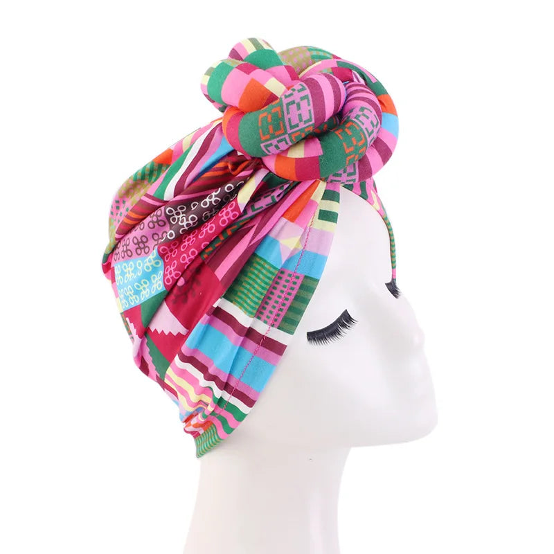 African Print Turban for Women New Fashion Pre-Made Top Knot Head Wraps Flower Stretch Hijab Ladies Party Wedding Headdress