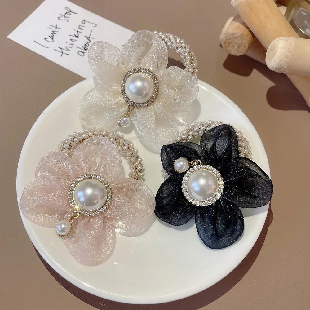 Flower Rhinestone Pearl Hair Elastics Ties Korean Version Headband Ponytail Hair Holder Hair Accessories for Girl and Women
