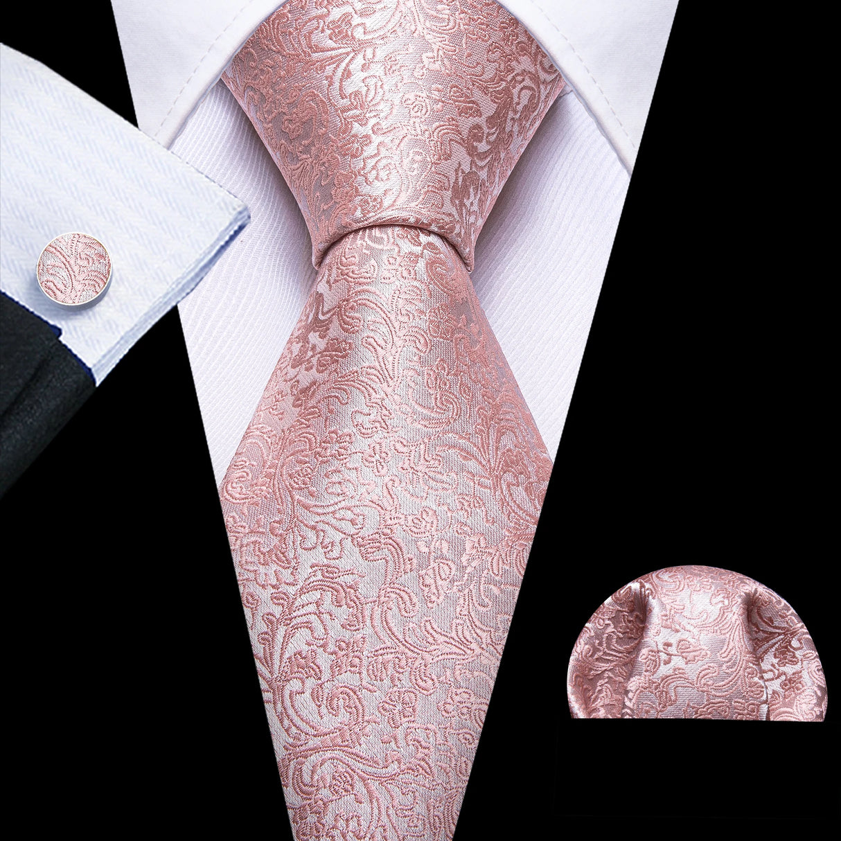 Barry.Wang Pink Silk Mens Tie Hanky Cufflinks Set Peach Salmon Rouge Rose Jacquard Necktie For Male Wedding Party Business Event