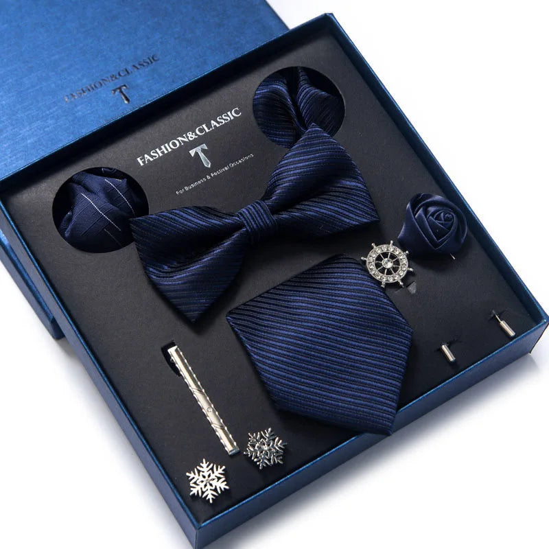 Brand Newest Design Silk Tie Set Handkerchief Pocket Squares Cufflink Bow Tie Clip Necktie Set Bussiness Wedding Suit Gift Box