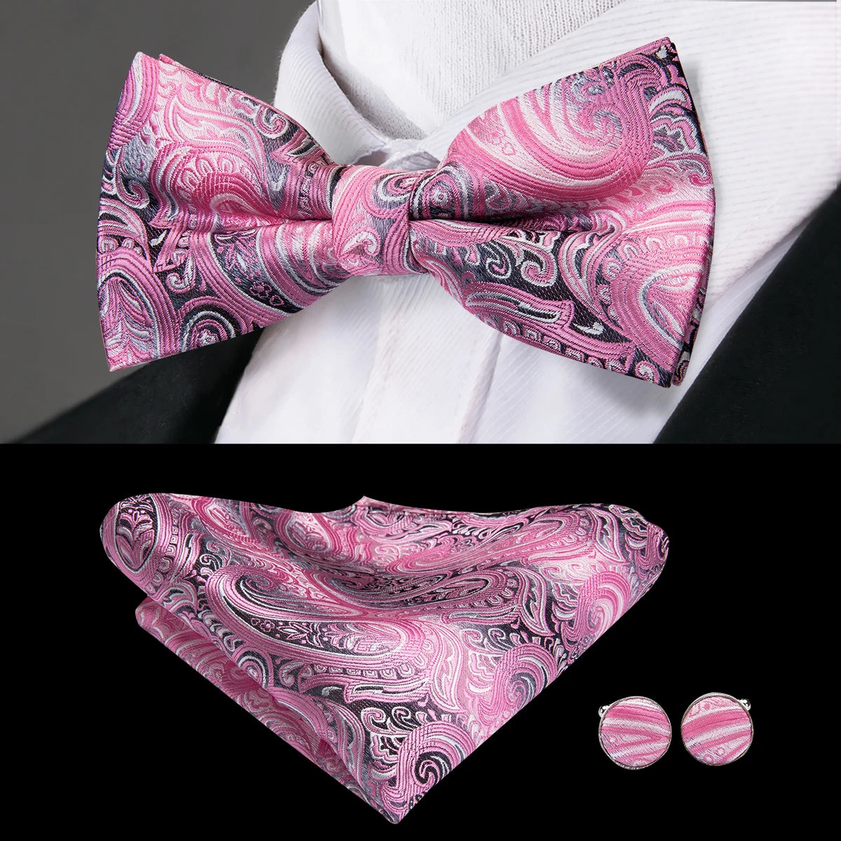 Hi-Tie Brand Silk Pre-tied Men's Bow Tie Hanky Cufflinks Set Bowtie for Male Jacquard Solid Paisley Floral Wedding Business Gift