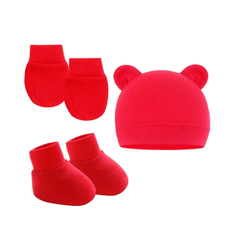 Newborn Hat+Gloves+Socks Set for Baby Boy Girl Cotton Baby Beanie Fall Casual Photography Props Soft Headwear Infant Nightcap