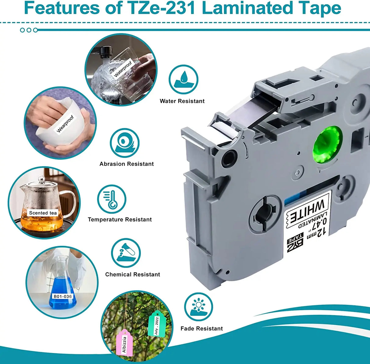 1Pcs tze 231 12mm Label Tape Compatible Brother tze335 131 Fx231 Fx221 6/9/12mm Tape for Brother p touch PTH110 D210 Label Maker