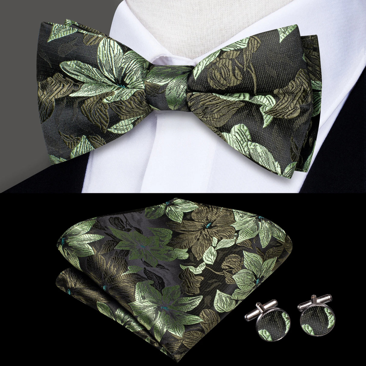 Hi-Tie Christmas Green Bow Ties for Men Silk Butterfly Tie Bow Tie Hanky Cufflinks Set Wedding Party Paisley Plaid Solid Bowtie