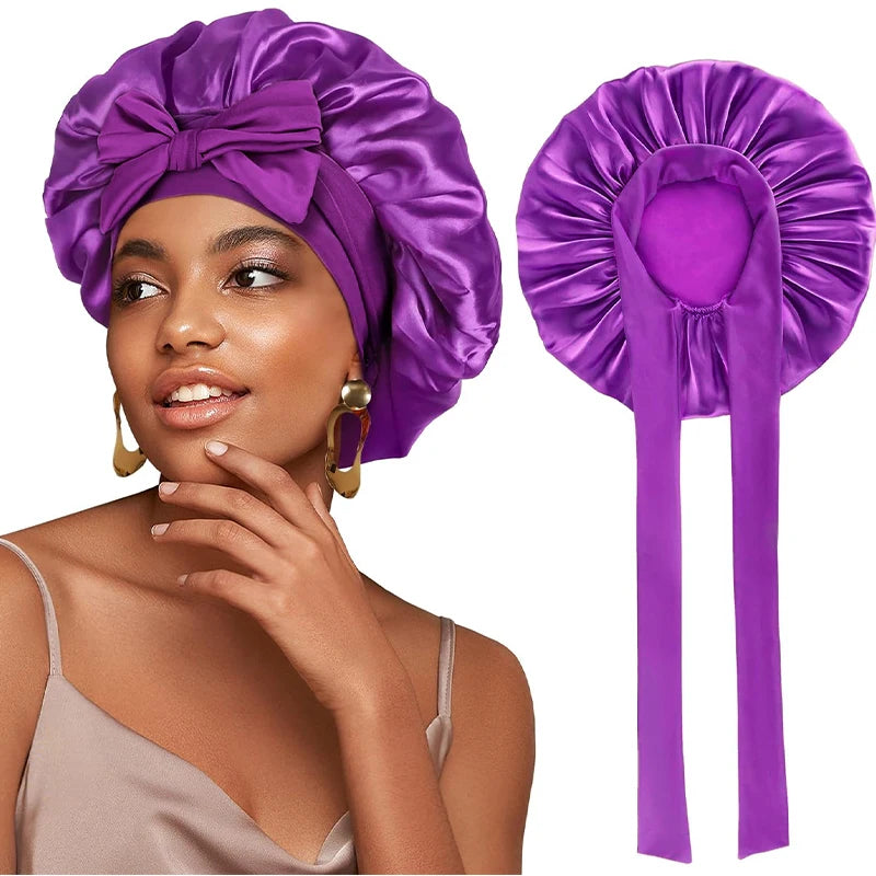 New Women Satin Bonnet Silky Sleep Cap Curly Hair Wrap For Sleeping Cap Adjustable Bonnets With Tie Band Nightcap Hair Care Cap